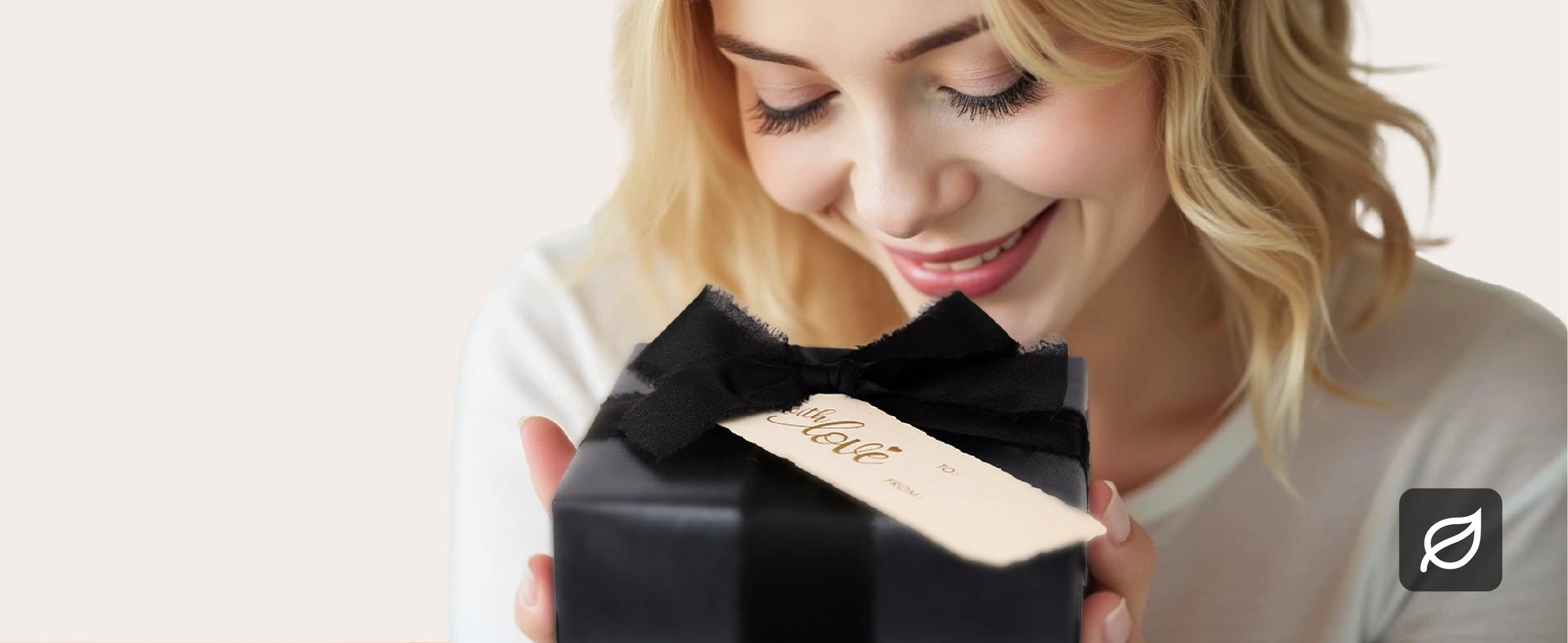 Smiling woman holding a gift wrapped in pearly black paper with a black bow and cream tag