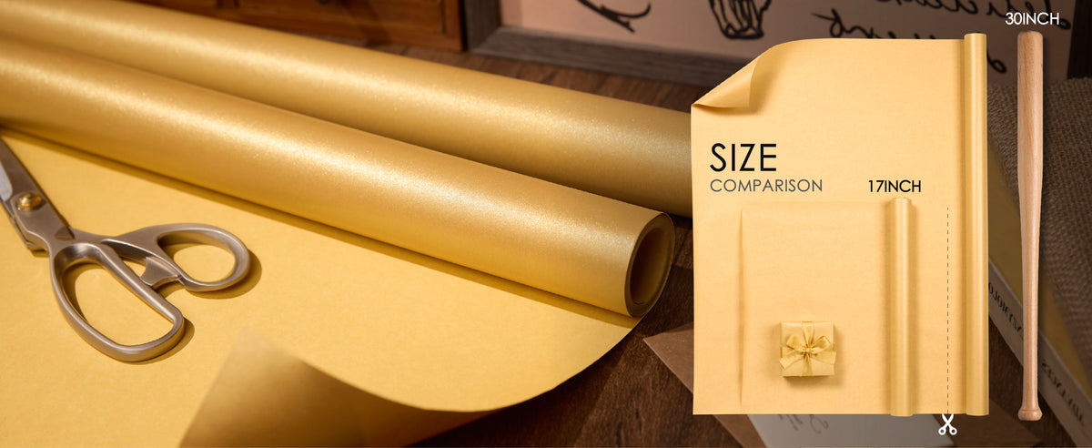 Pearly gold wrapping paper folded back to show its smooth, shimmering surface