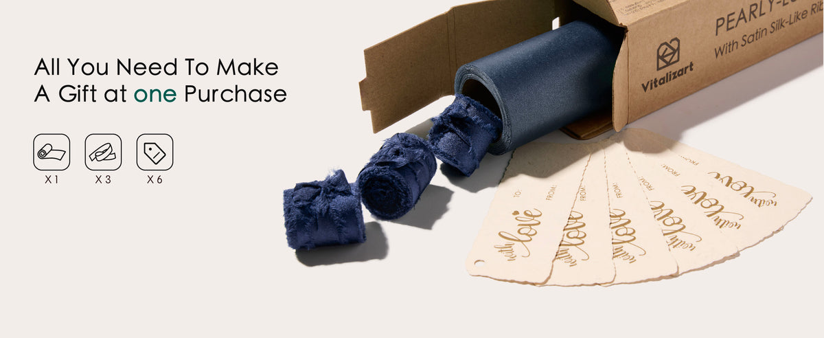Pearly blue wrapping paper beside its kraft box, with recycling and FSC symbols