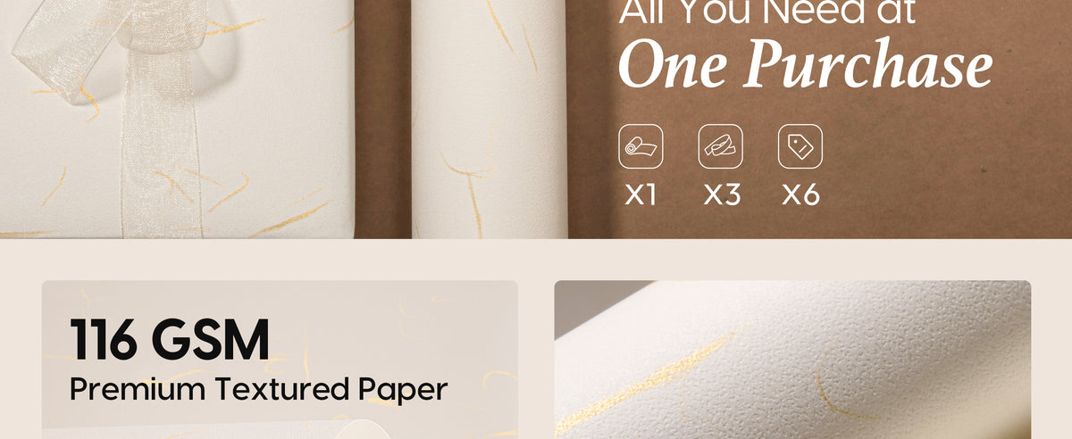 Curved white 116 GSM textured wrapping paper with scattered gold foil accents.