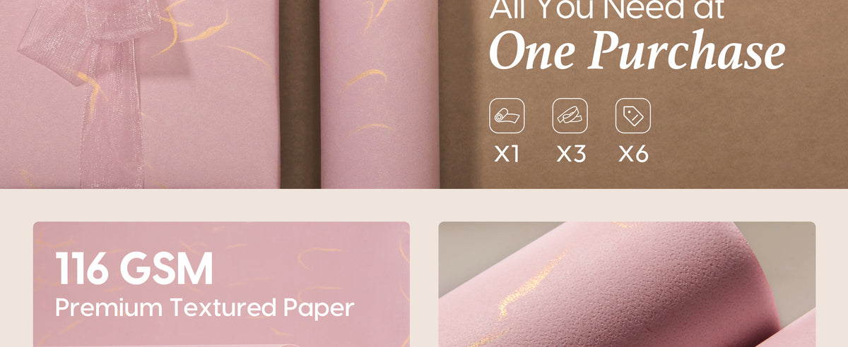 Curved pink 116 GSM textured wrapping paper with scattered gold foil accents.