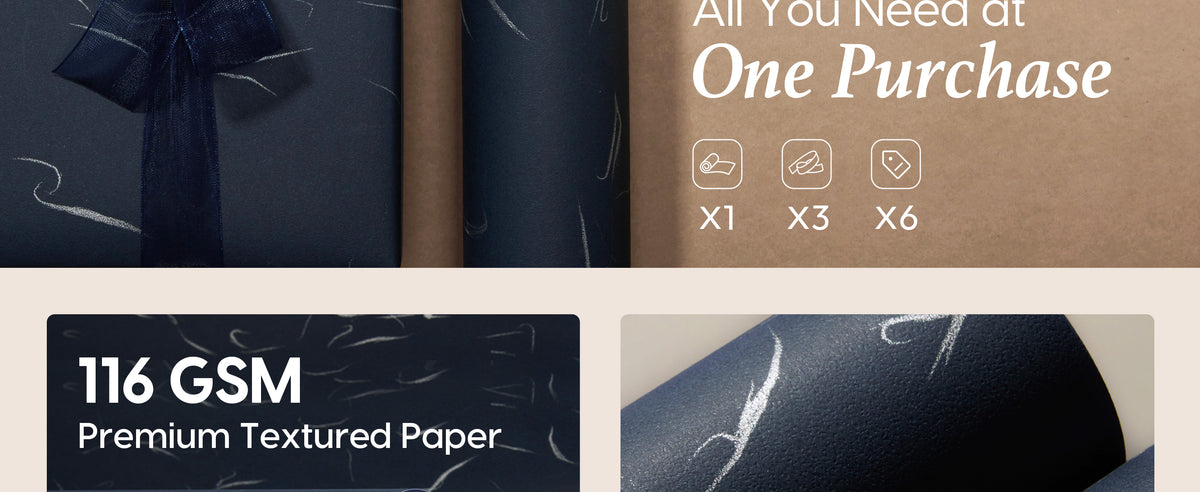 Curled navy wrapping paper with a textured surface and reflective silver abstract pattern.
