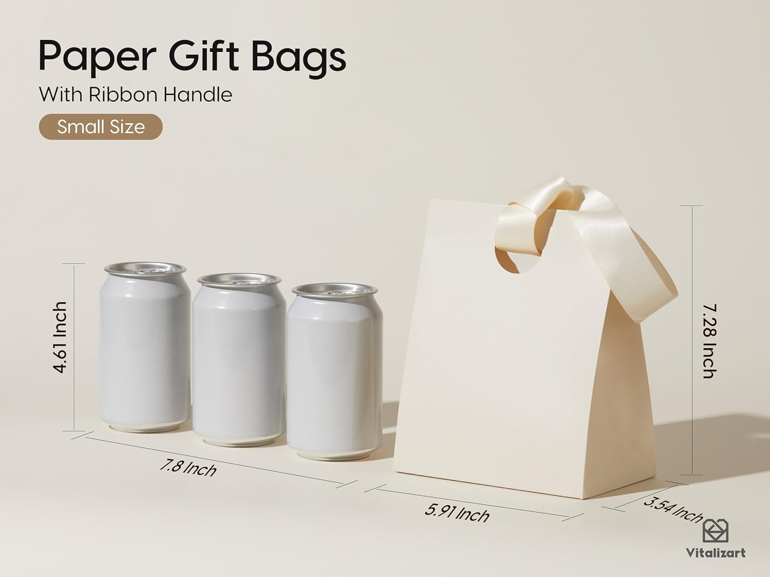 Cream white paper gift bag dimensions and side views