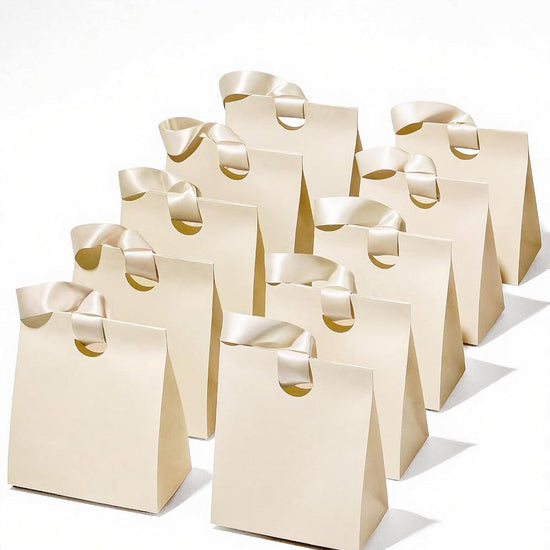 Set of small cream white paper gift bags with ribbon handles