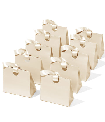 Mini cream-white paper gift bags with ribbon handles