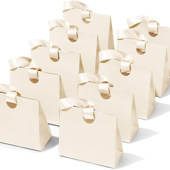 Cream White Mini Paper Gift Bags with Ribbon Handles — Set of 10 - Vitalizart