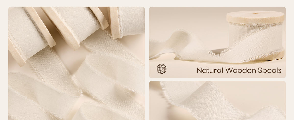 Ivory woven cotton ribbon with hand-torn fringed edges, loose and wound on natural wooden spools.