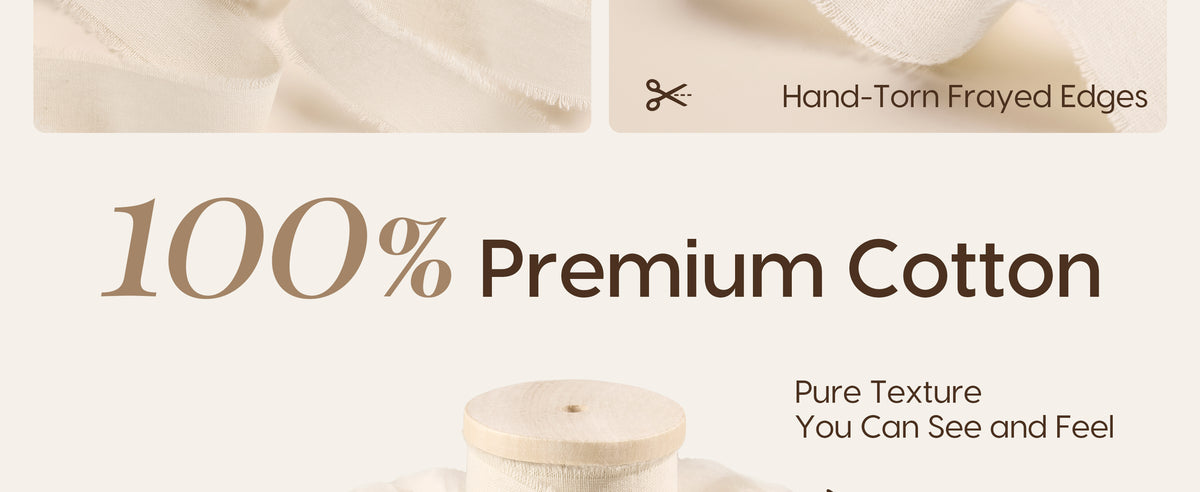 Ivory cotton ribbon with a visible woven texture and frayed edges, displayed on a wooden spool.