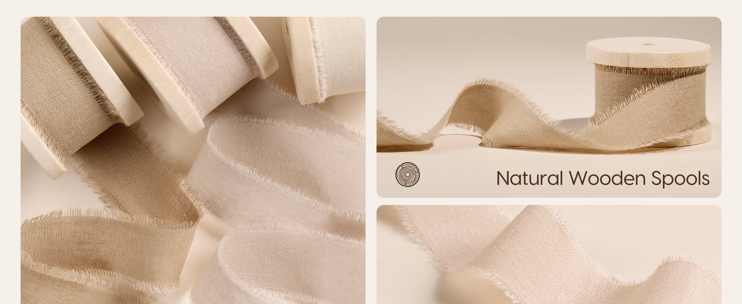 Nude beige and ivory cotton ribbons with hand-torn fringed edges on natural wooden spools.