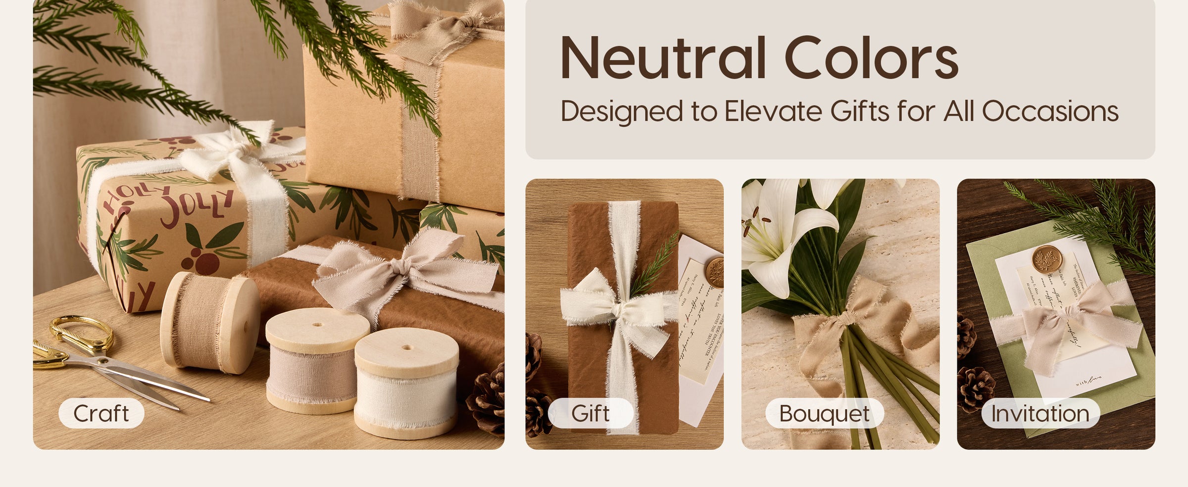 Nude and ivory fringed cotton ribbons used on crafts, wrapped gifts, a bouquet, and an invitation.