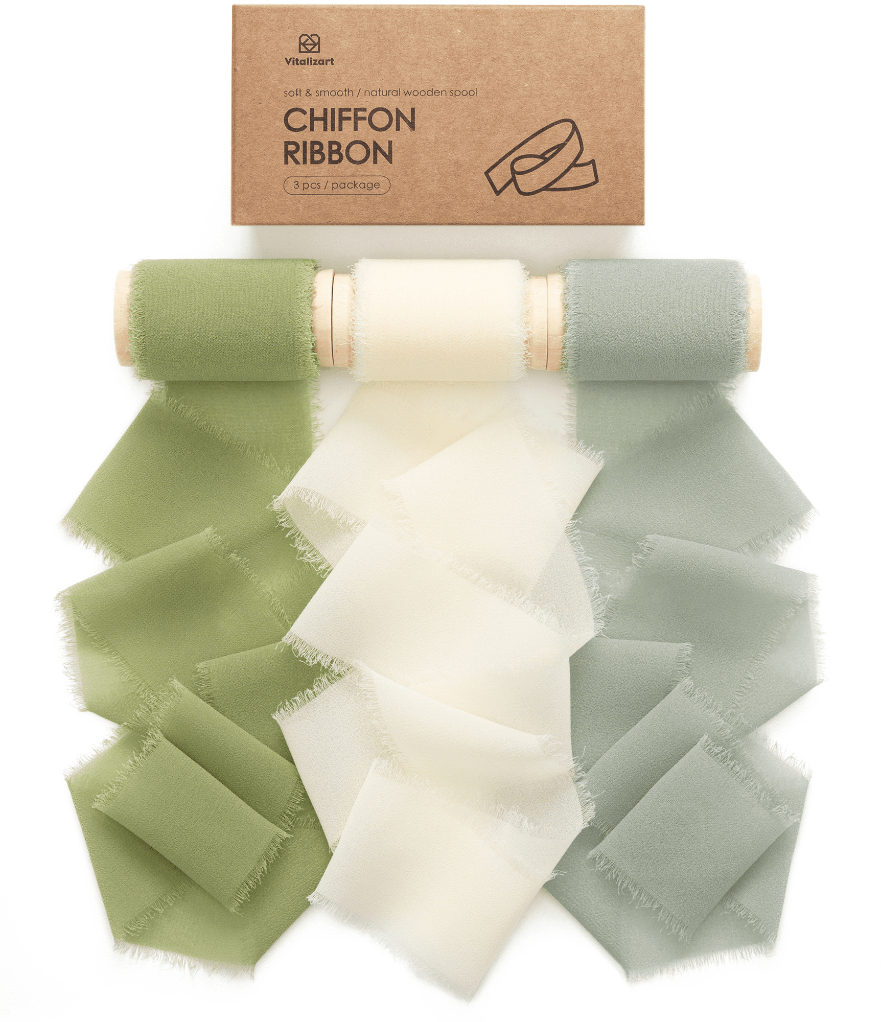 Chiffon Ribbon with Wooden Spool 2" x 15 Yd (Green & Cream) - Vitalizart