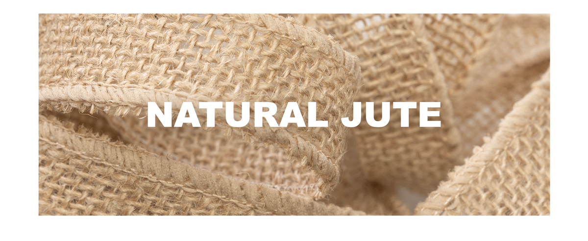 Close-up of natural beige jute ribbon with open weave, bound edges, and shapeable loops.