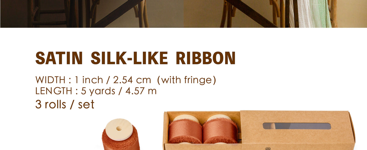 Terracotta satin ribbon on wooden spools with ribbon width, length, and package details
