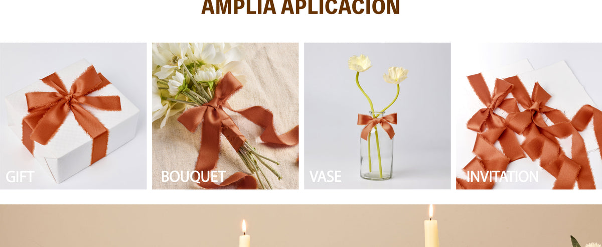 Terracotta satin ribbon styled on a vase, wrapped gift, and neutral floral arrangement