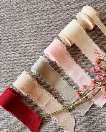 Frayed ribbon swatches in burgundy, beige, sage and pink