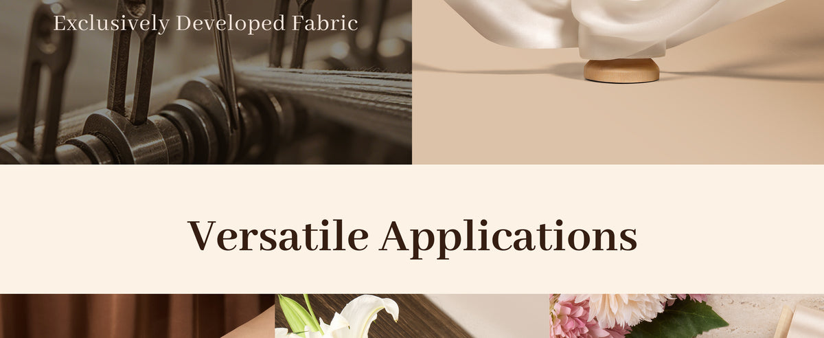 Ivory satin ribbon with a subtle sheen looped around a wooden spool above dark textile machinery.