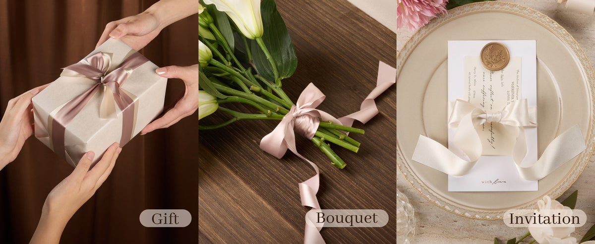 Champagne-nude and ivory satin ribbons decorate a gift, flower bouquet, and wax-sealed invitation.