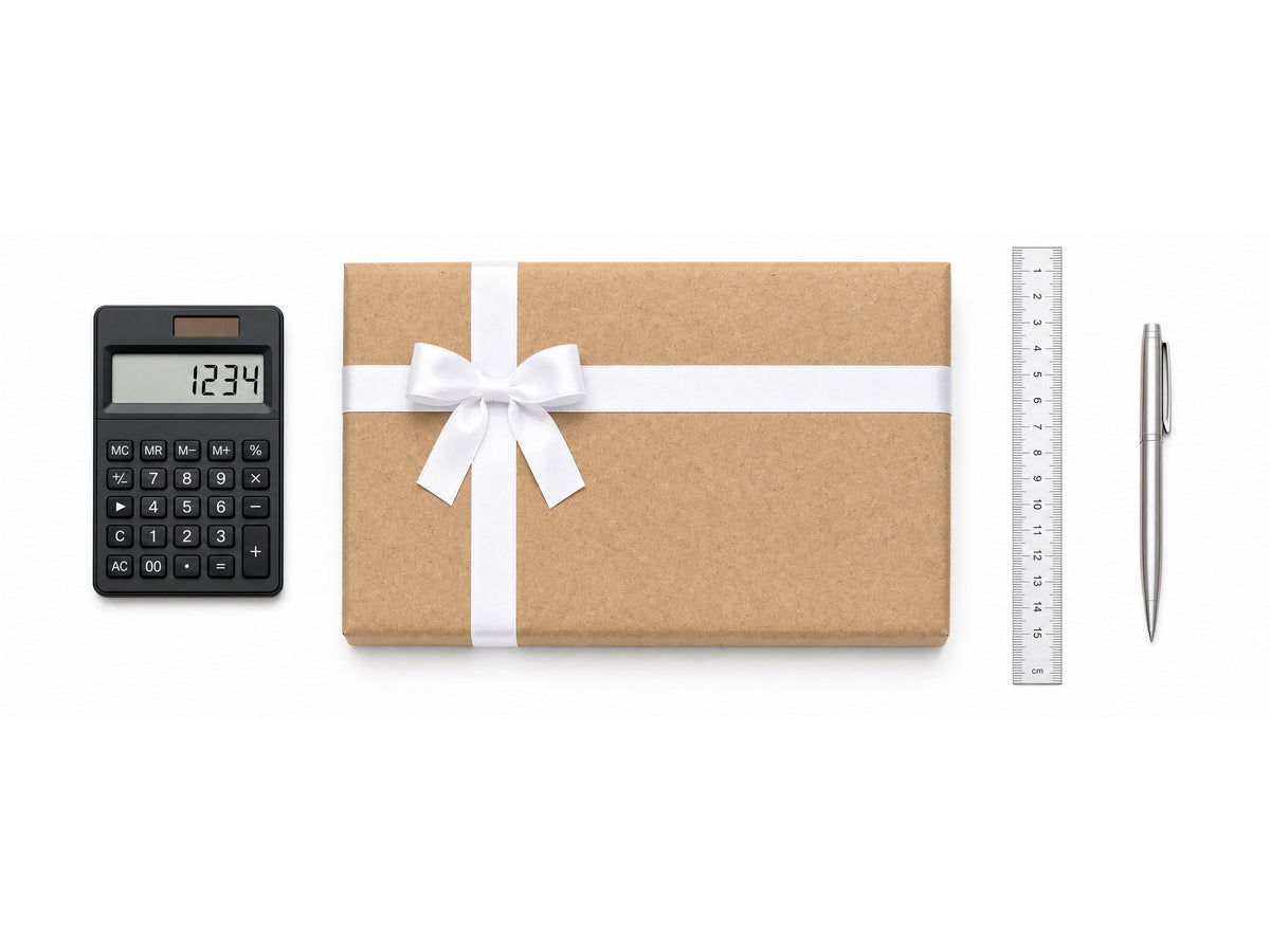 Gift box tied with white ribbon beside a calculator, ruler and pen