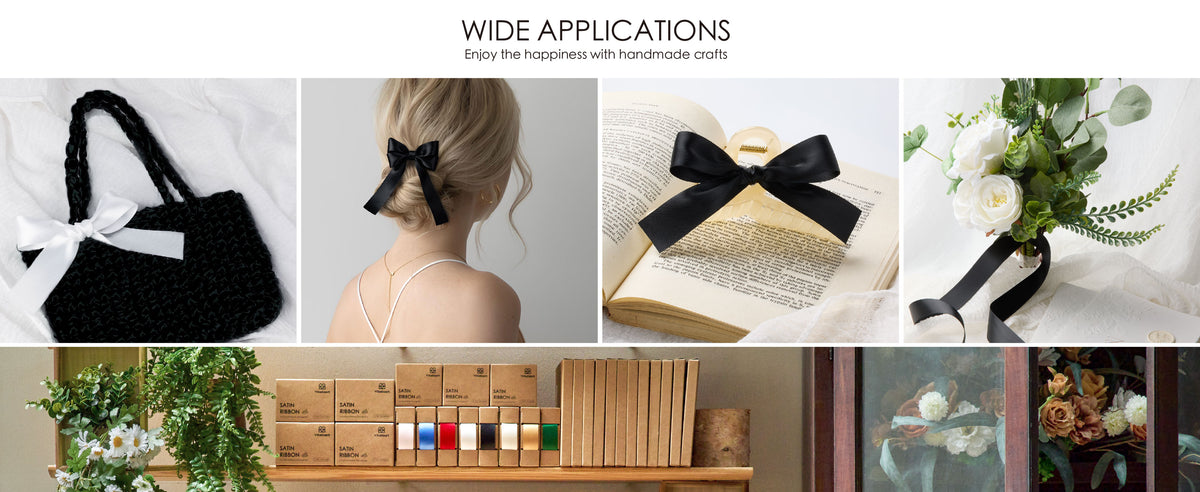 Black satin ribbon used for a bag bow, hair bow, book decoration, and floral bouquet wrap.