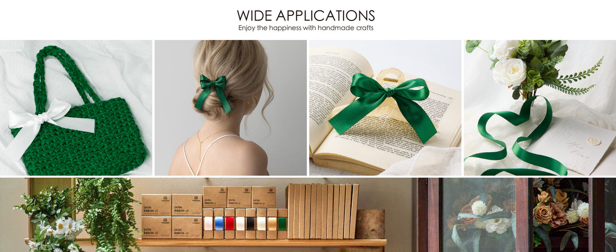 Green satin ribbon used for a bag bow, hair bow, gift wrapping, and floral decor