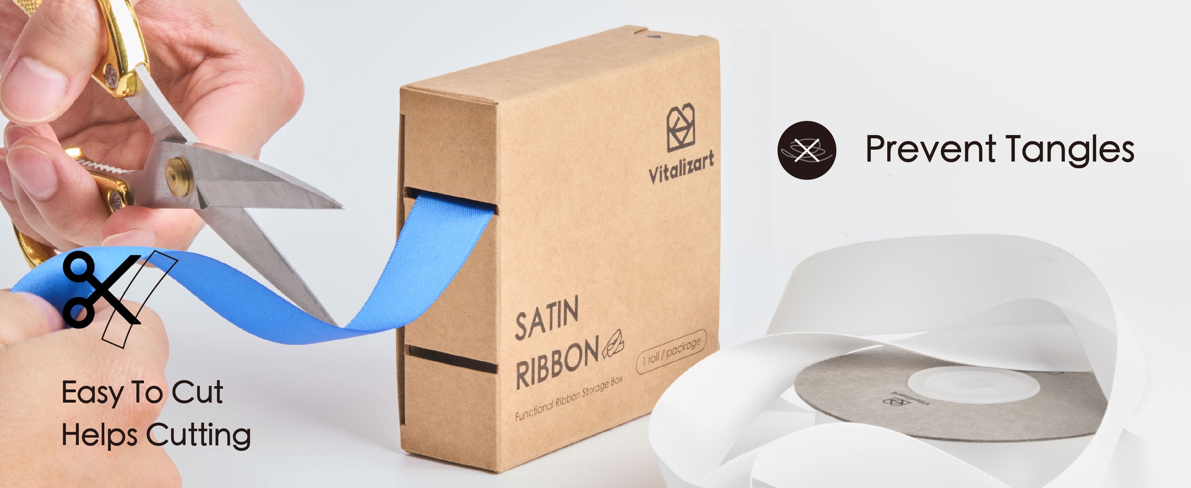 Blue satin ribbon feeds from a cardboard dispenser while being cut with scissors