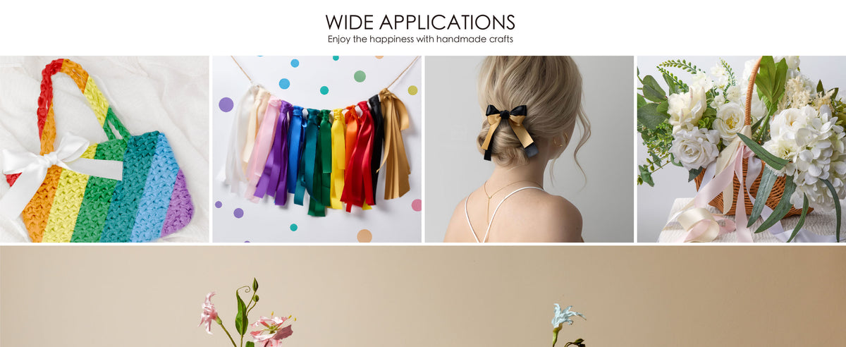 Satin ribbon used on a rainbow bag, party garland, black-and-gold hair bow, and floral basket