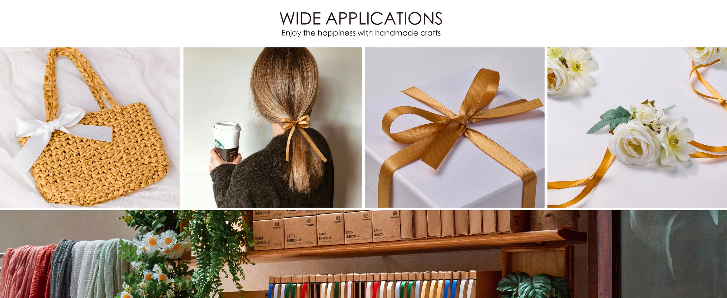 Satin ribbon decorates a woven bag, ponytail, gift box, and flowers above kraft ribbon storage boxes.
