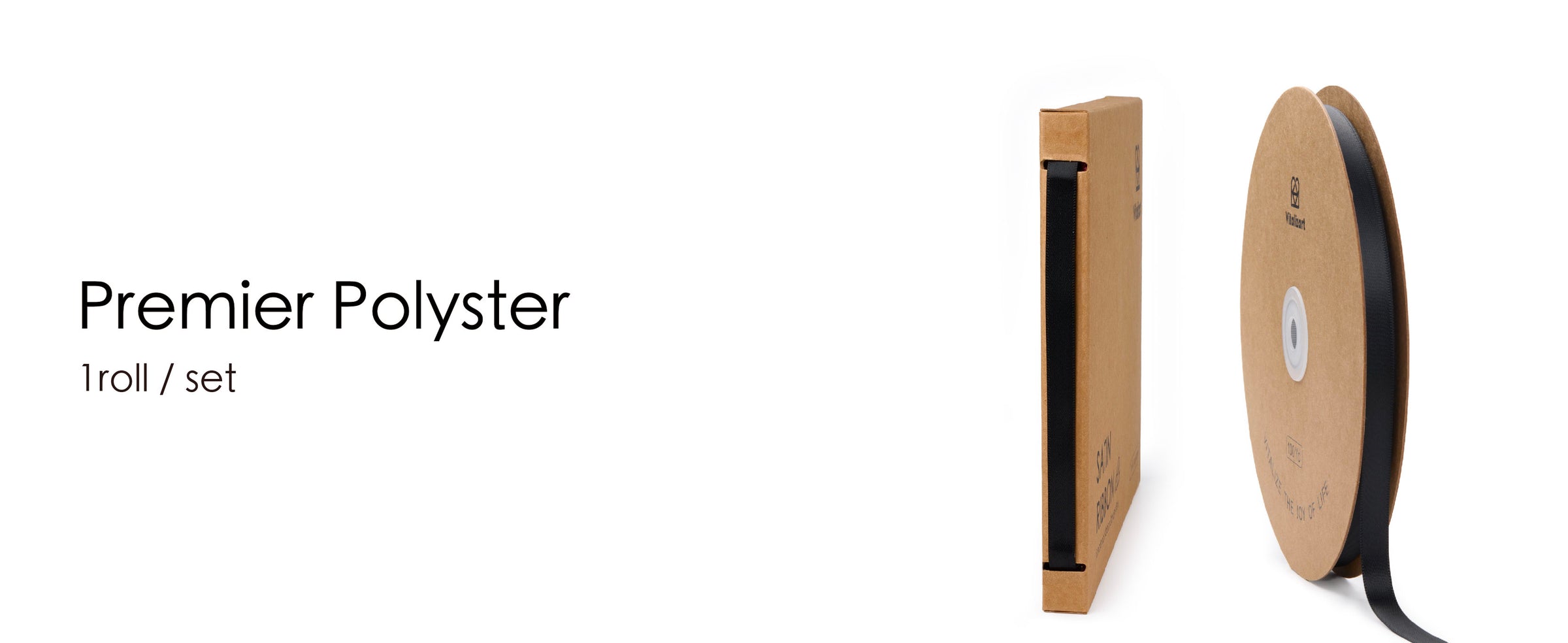 Black satin ribbon displayed in a slim kraft dispenser and on a round cardboard spool with a loose tail.