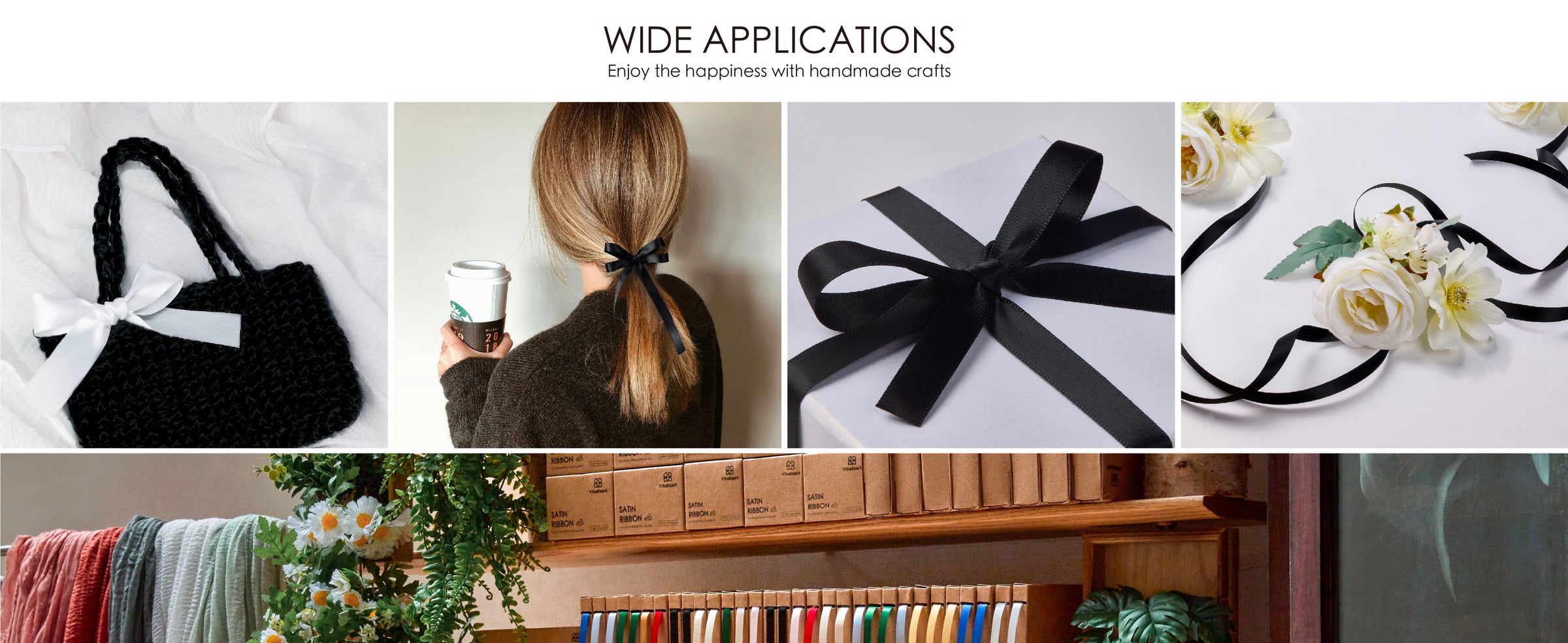 Black satin ribbon used on a handbag, ponytail, gift box, and floral arrangement