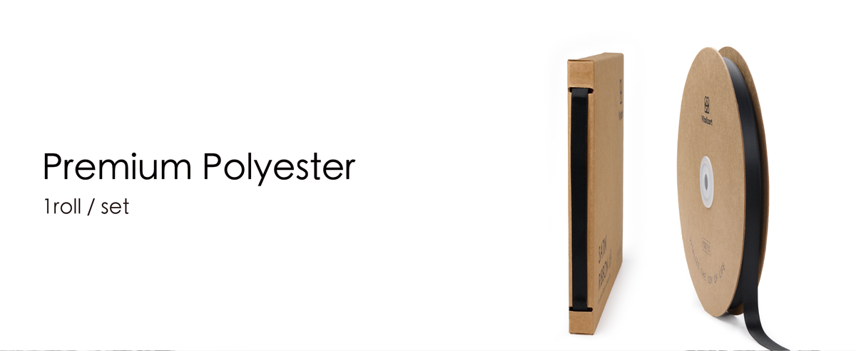 Black polyester satin ribbon shown on a kraft spool and in a matching dispenser box