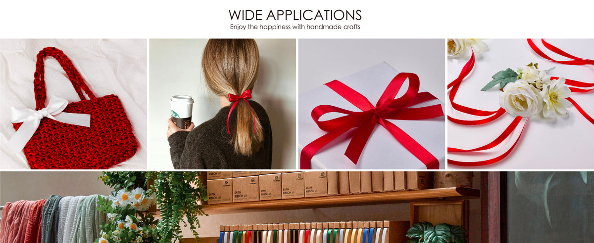 Red satin ribbon used on a handbag, ponytail, gift box, and floral arrangement