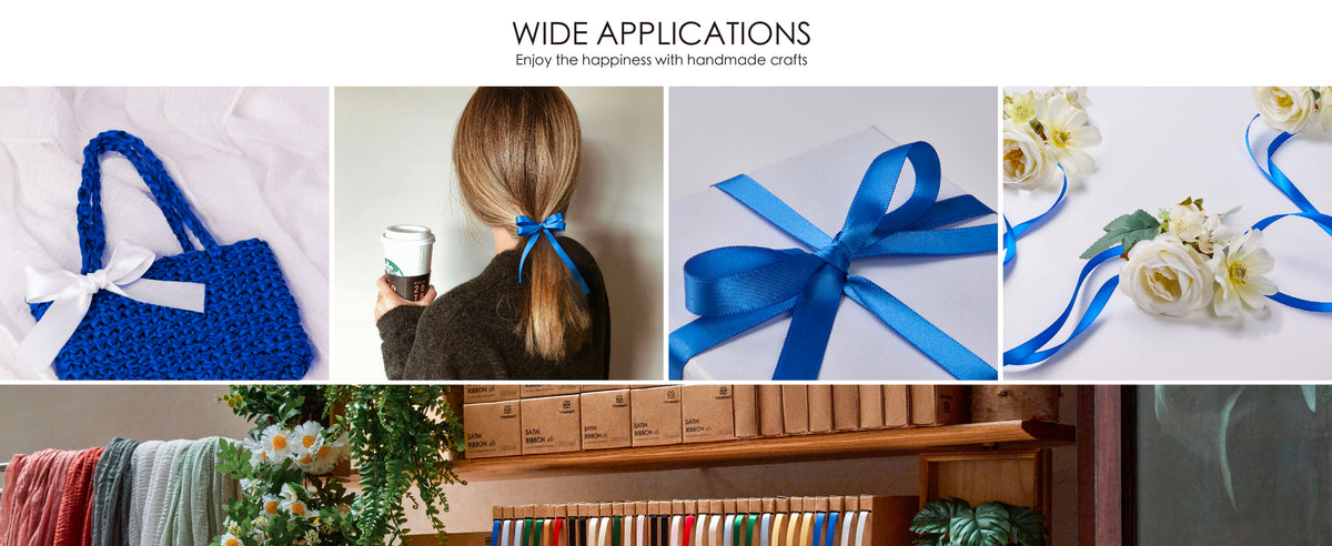 Multicolored satin ribbon dispensers and kraft storage boxes arranged on wooden shelves