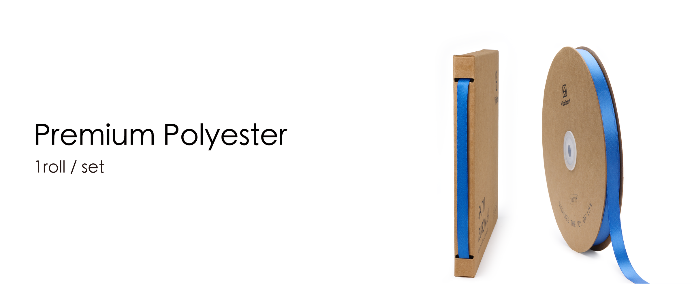 Blue polyester satin ribbon on a kraft reel beside its slim dispensing box