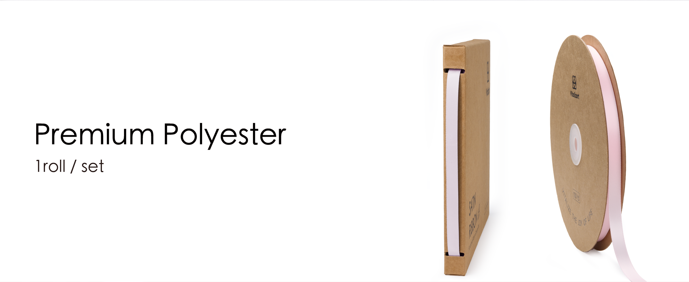 Light pink polyester satin ribbon on a cardboard spool beside its dispensing storage box
