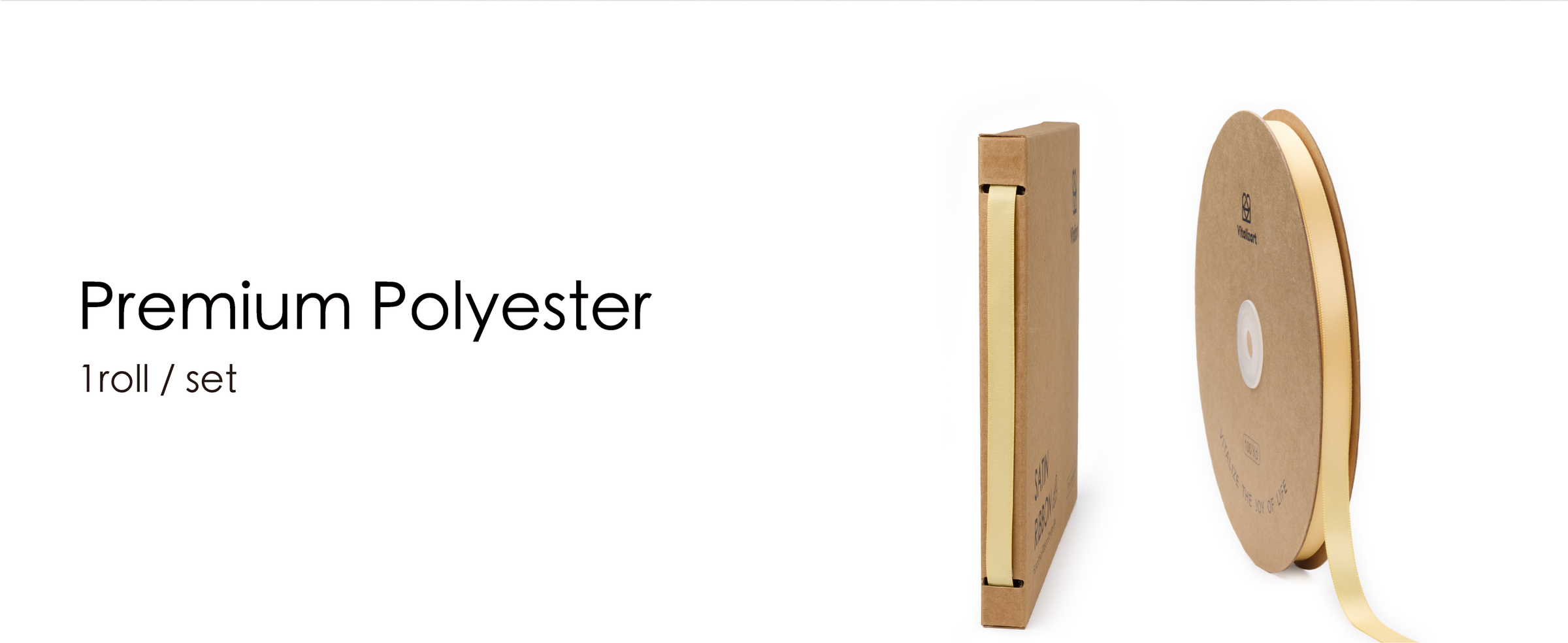 Champagne polyester satin ribbon on a cardboard spool beside its dispensing storage box