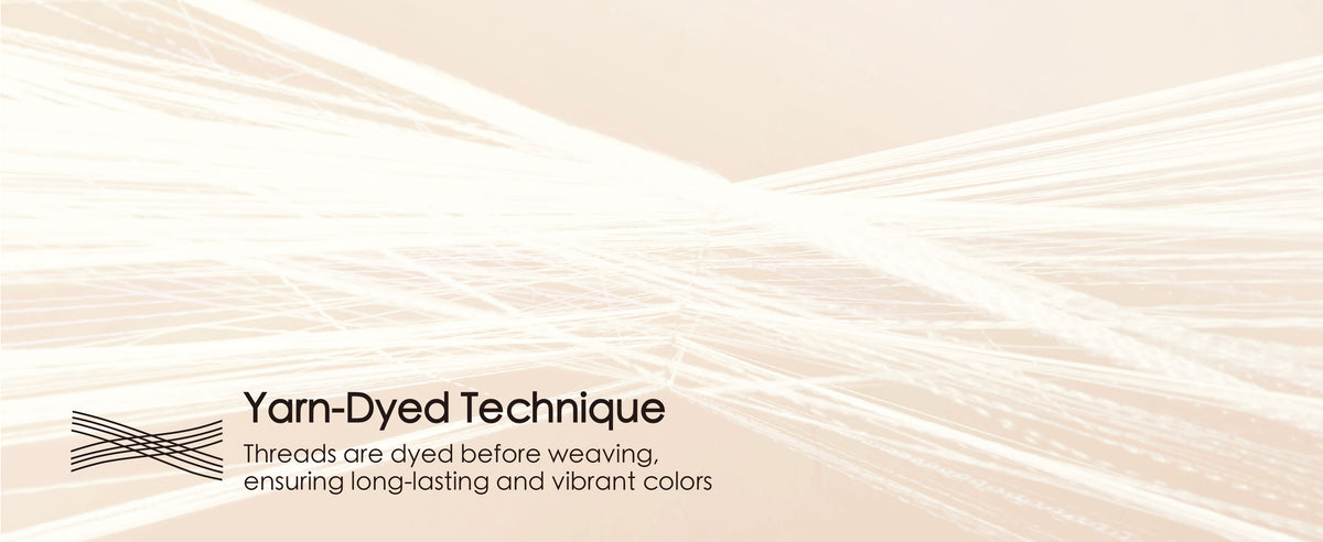 Ivory ribbon fibers shown as fine crossing strands to illustrate the yarn-dyed construction