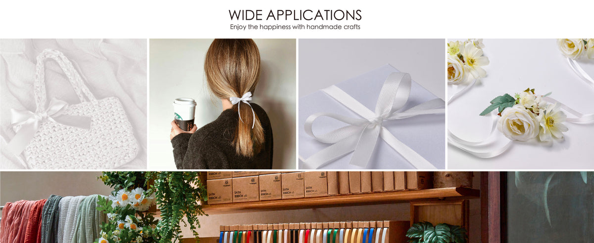 Off-white satin ribbon used for a bag bow, ponytail, wrapped gift and floral decoration