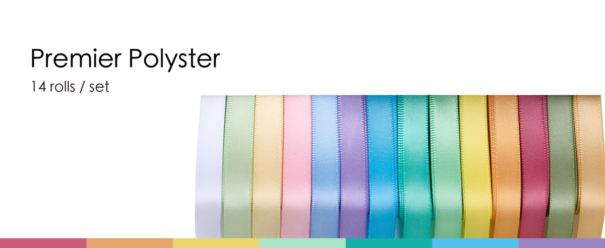 Pastel double-faced satin ribbon set presented as a coordinated assortment for gifts and crafts