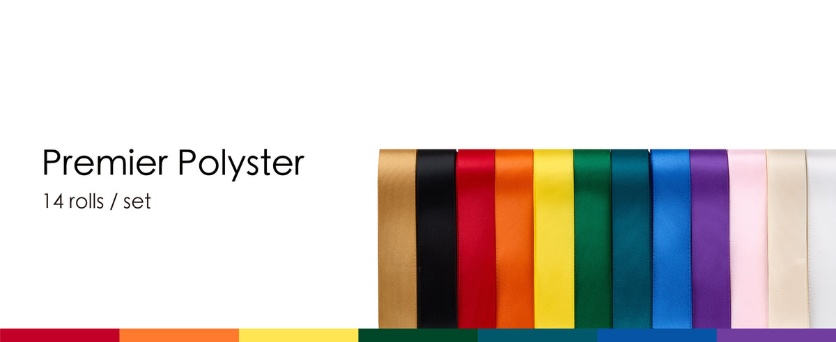 Rainbow double-faced satin ribbon set presented as a coordinated assortment for gifts and crafts