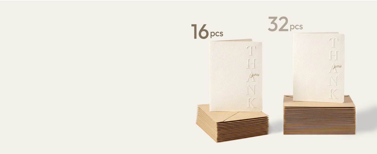 White thank-you cards and envelopes shown beside 16- and 32-piece package options
