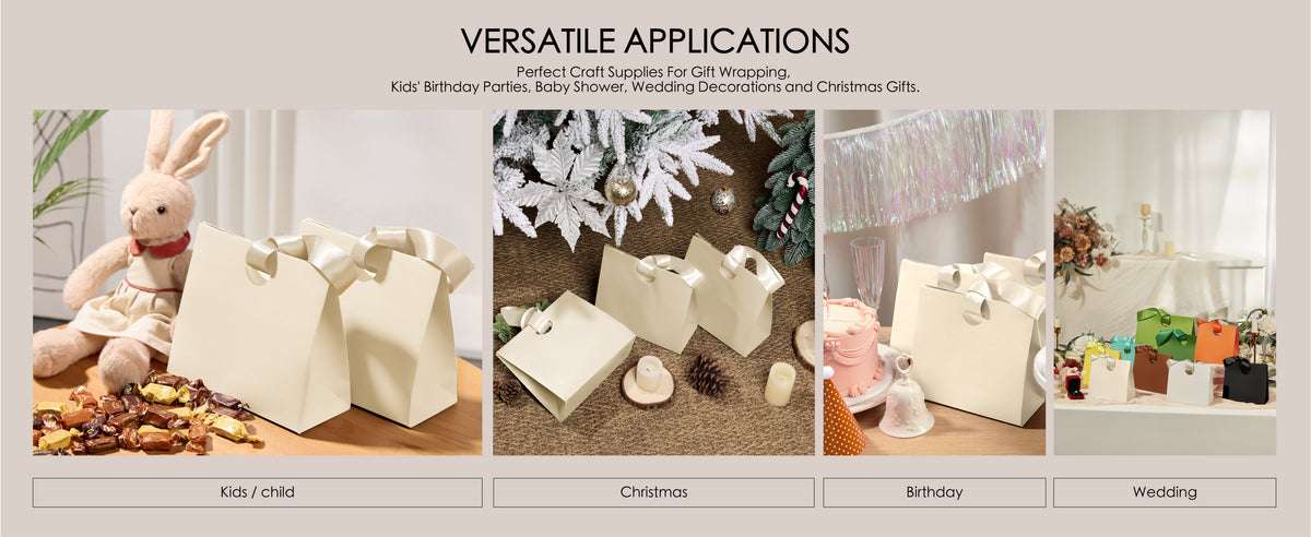 Cream white mini paper gift bags with ribbon handles used for birthdays, parties, weddings, and everyday gifts