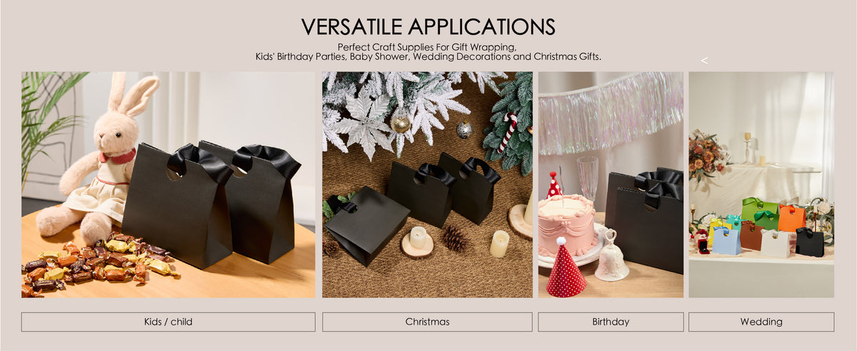 Black paper gift bags with satin ribbon handles styled for children, Christmas, birthdays, and weddings.