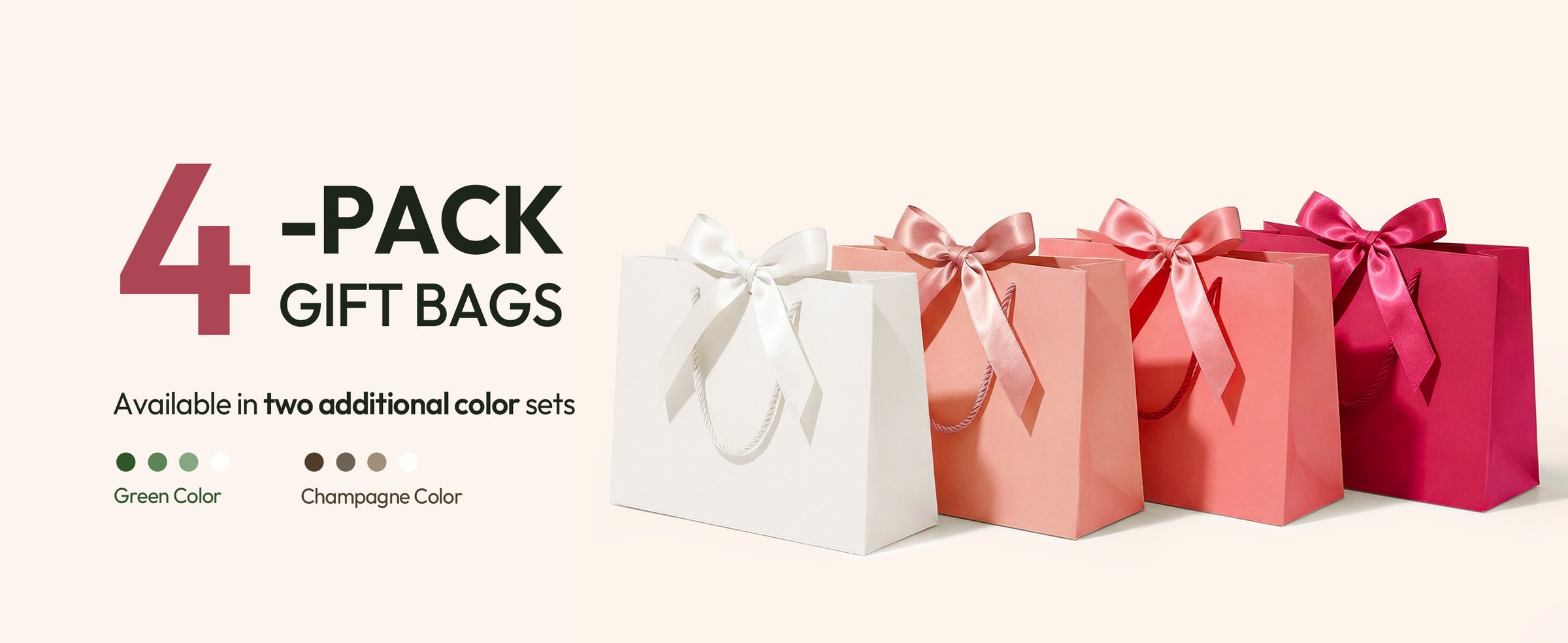 Four paper gift bags in white and pink shades with cord handles and matching satin bows