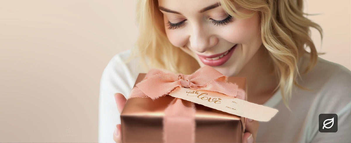 Recipient opening a gift wrapped with the pink matte metallic wrapping paper set and coordinated ribbon