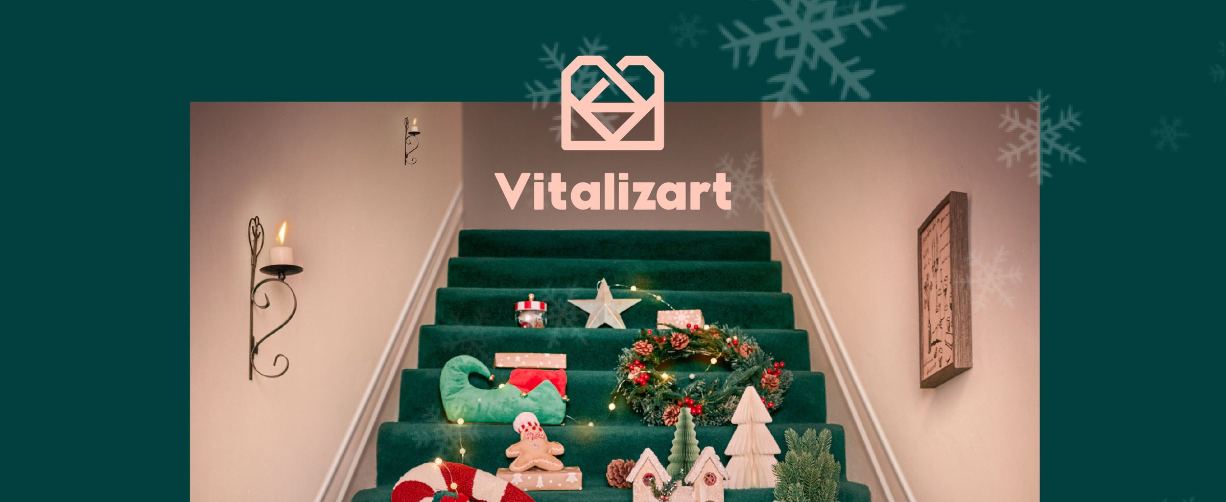 Green staircase filled with Christmas ornaments, trees, a wreath, teddy bear, and warm lights