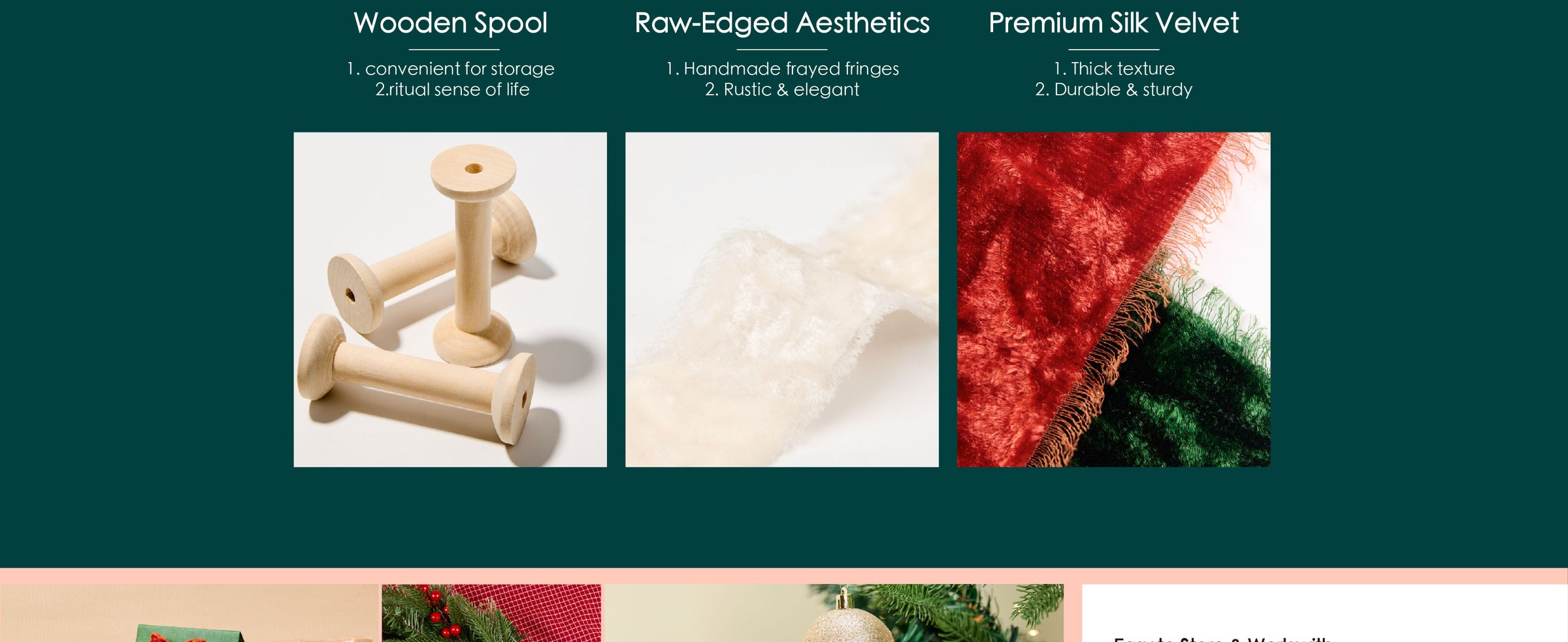 Cream-white velvet ribbon bows decorating gift bags, wrapped presents, a wreath, and a Christmas tree