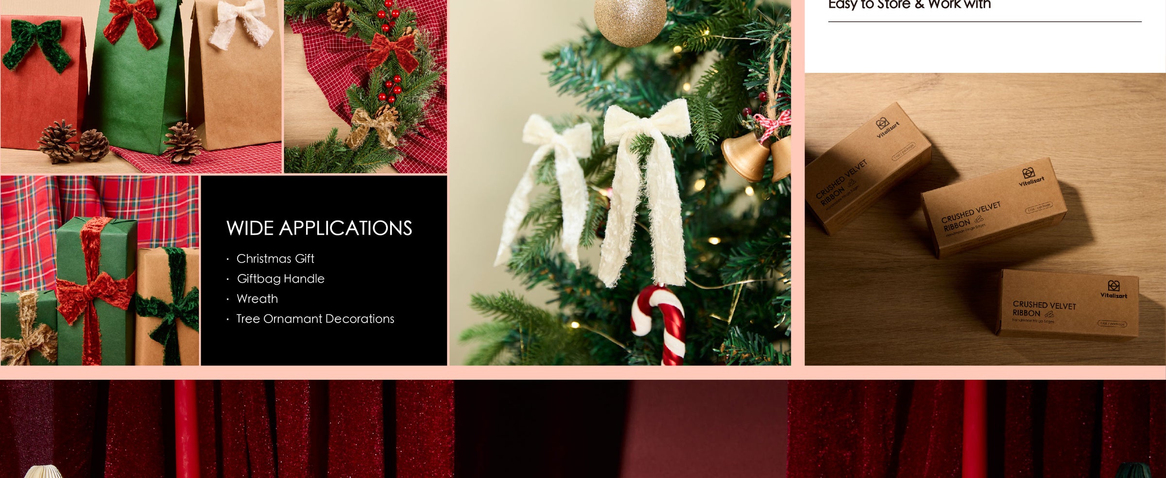 Three boxed rolls of crushed velvet ribbon arranged on a wooden table for compact storage
