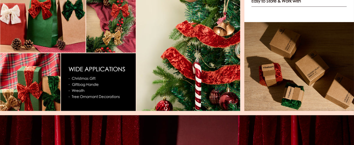 Rust red frayed-edge velvet ribbon used on gift bags, wreaths, bows, and Christmas tree ornaments