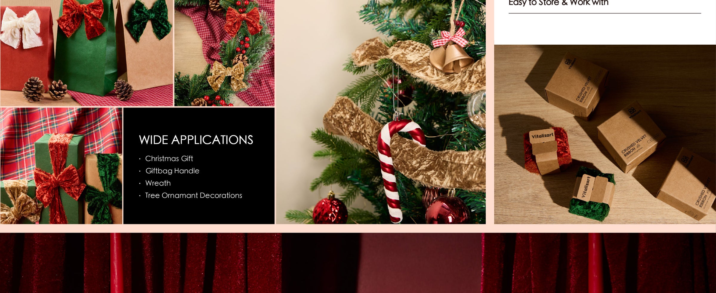 Khaki frayed-edge velvet ribbon used on gift bags, wreaths, bows, and Christmas tree ornaments