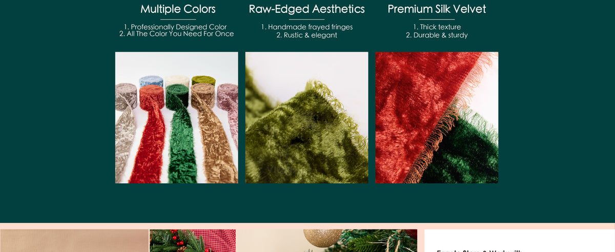 Close-up panels showing dusty green frayed-edge velvet ribbon, coordinated colors, plush texture, and softly frayed edges